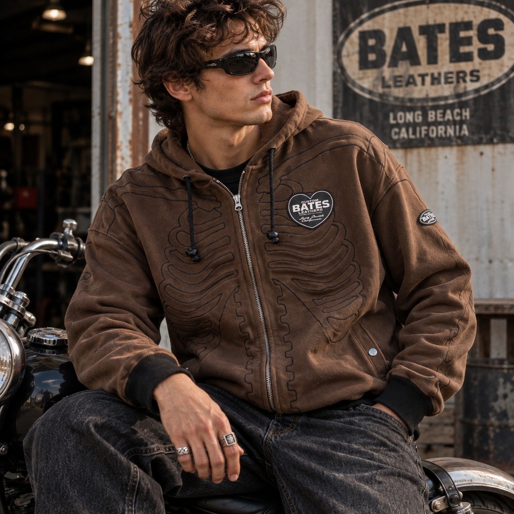 Bates Skeleton Full Zip Hoodie Sweatshirt Sz XL Brown Y2K Goth Grunge Biker Moto